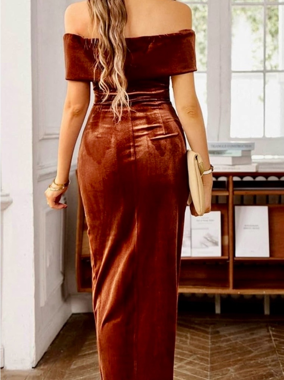 Off-Shoulder Velvet Midi Dress in Deep Brown NEW WITH TAGS - Picture 3 of 5